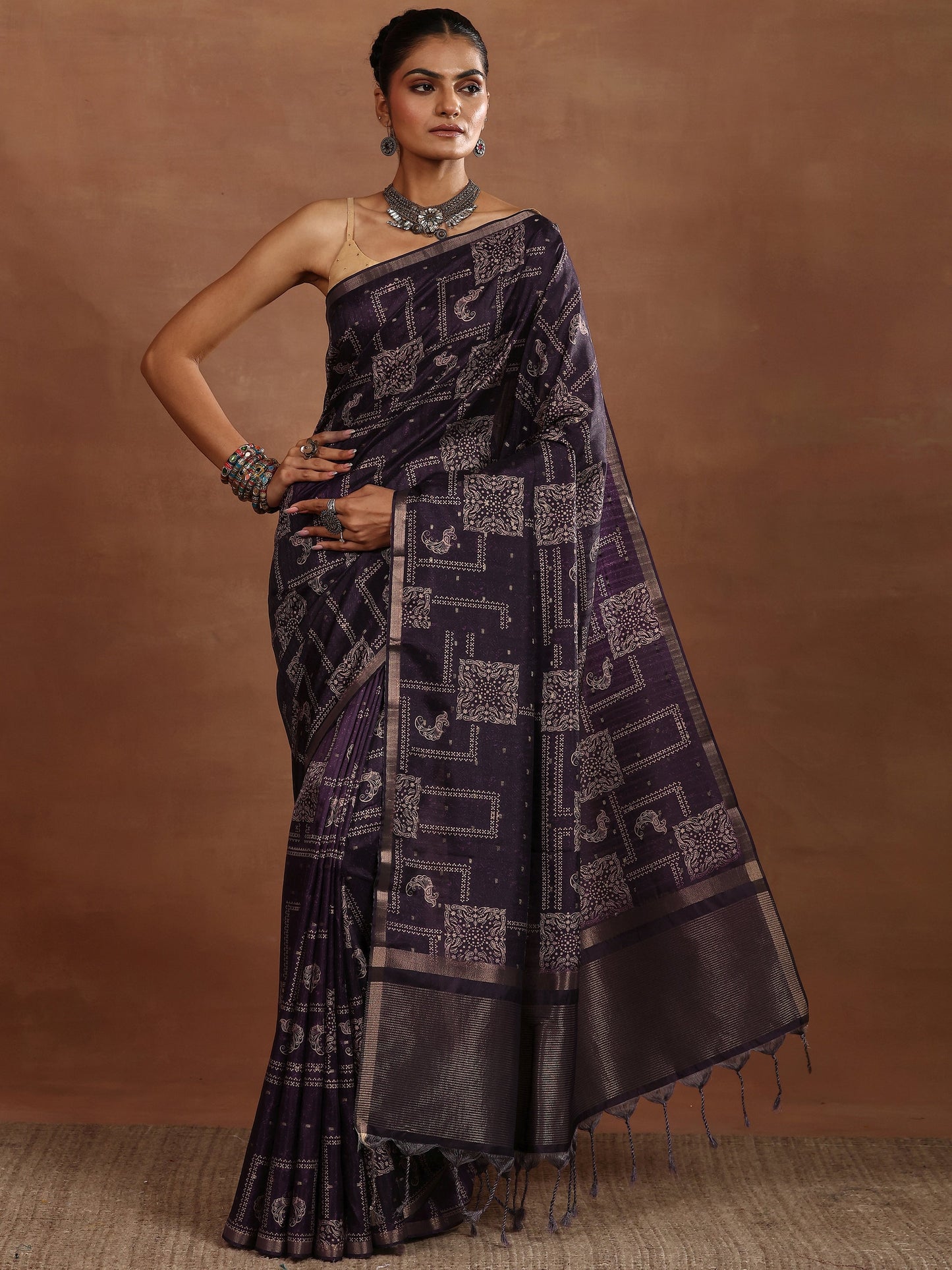 Purple Printed Silk Blend Sarees With Unstitched Blouse Piece