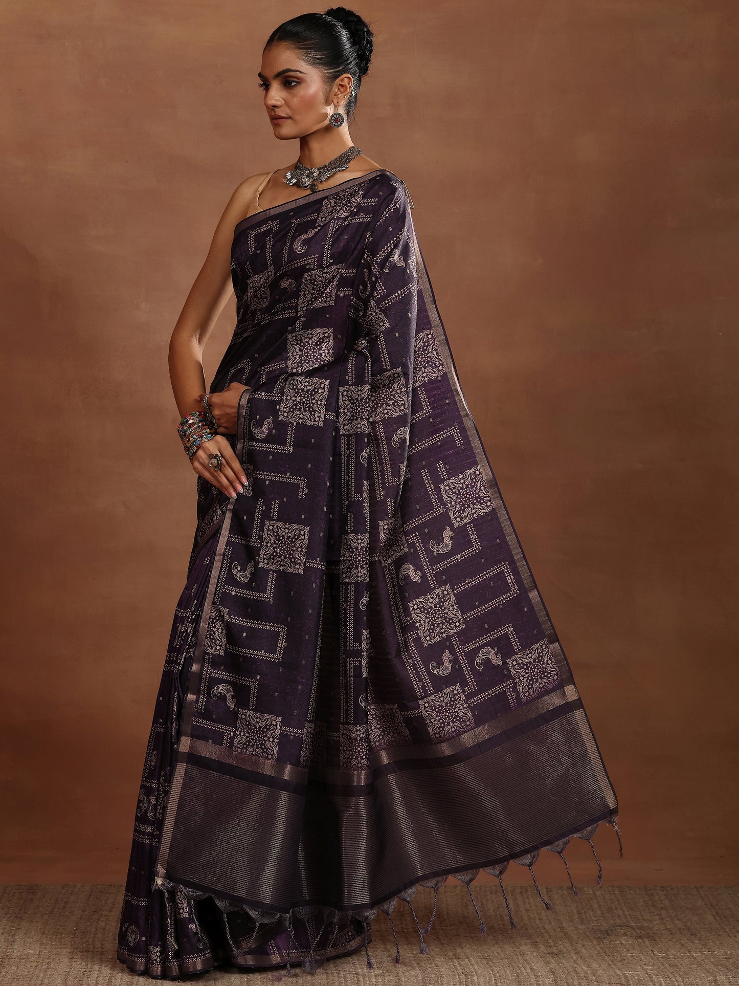Purple Printed Silk Blend Sarees With Unstitched Blouse Piece