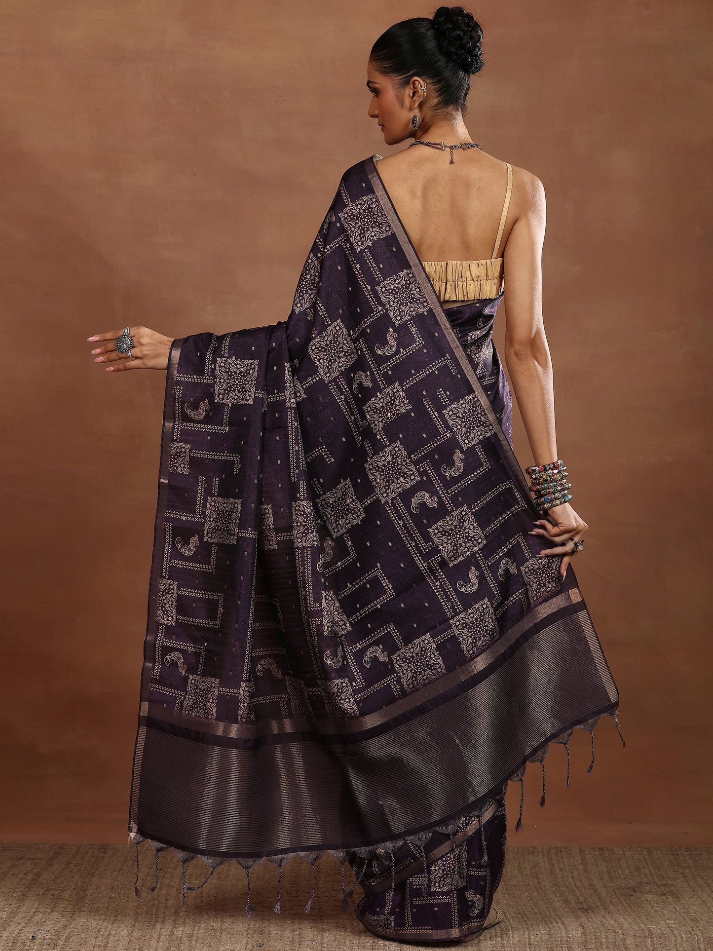 Purple Printed Silk Blend Sarees With Unstitched Blouse Piece