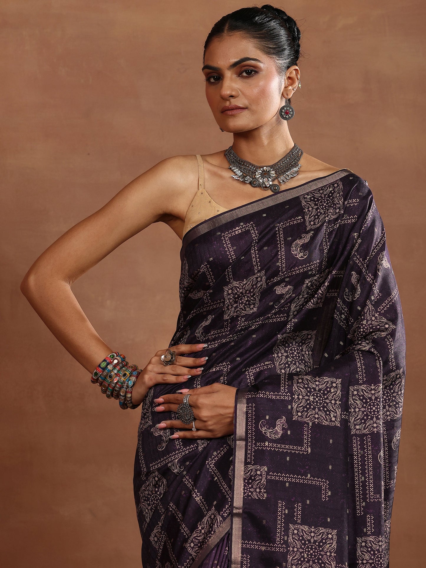 Purple Printed Silk Blend Sarees With Unstitched Blouse Piece