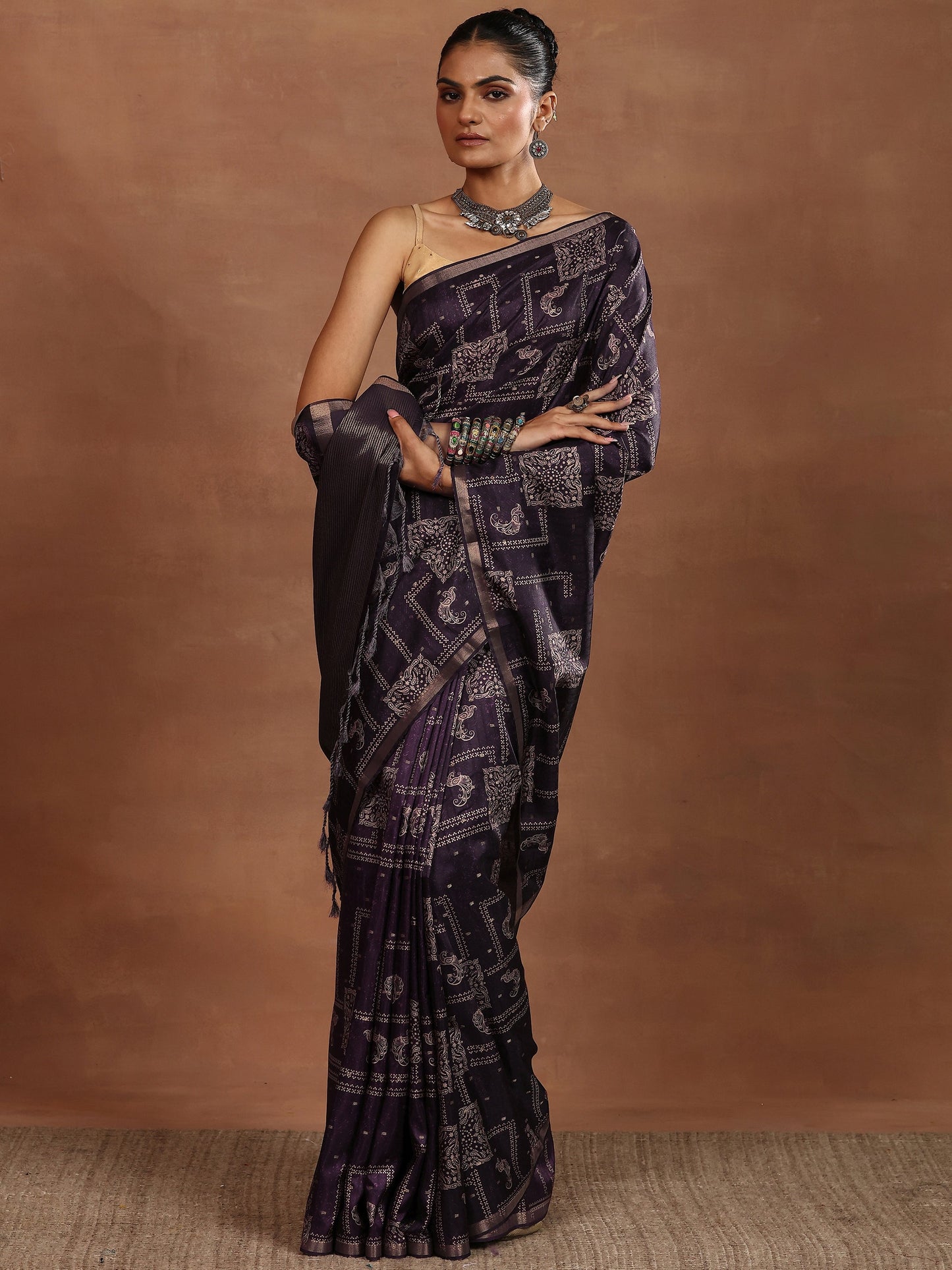 Purple Printed Silk Blend Sarees With Unstitched Blouse Piece