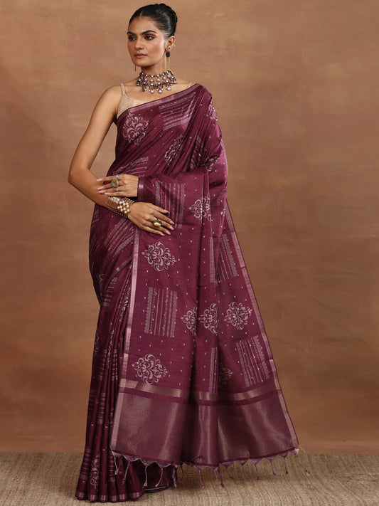 Burgundy Printed Silk Blend Saree With Unstitched Blouse Piece
