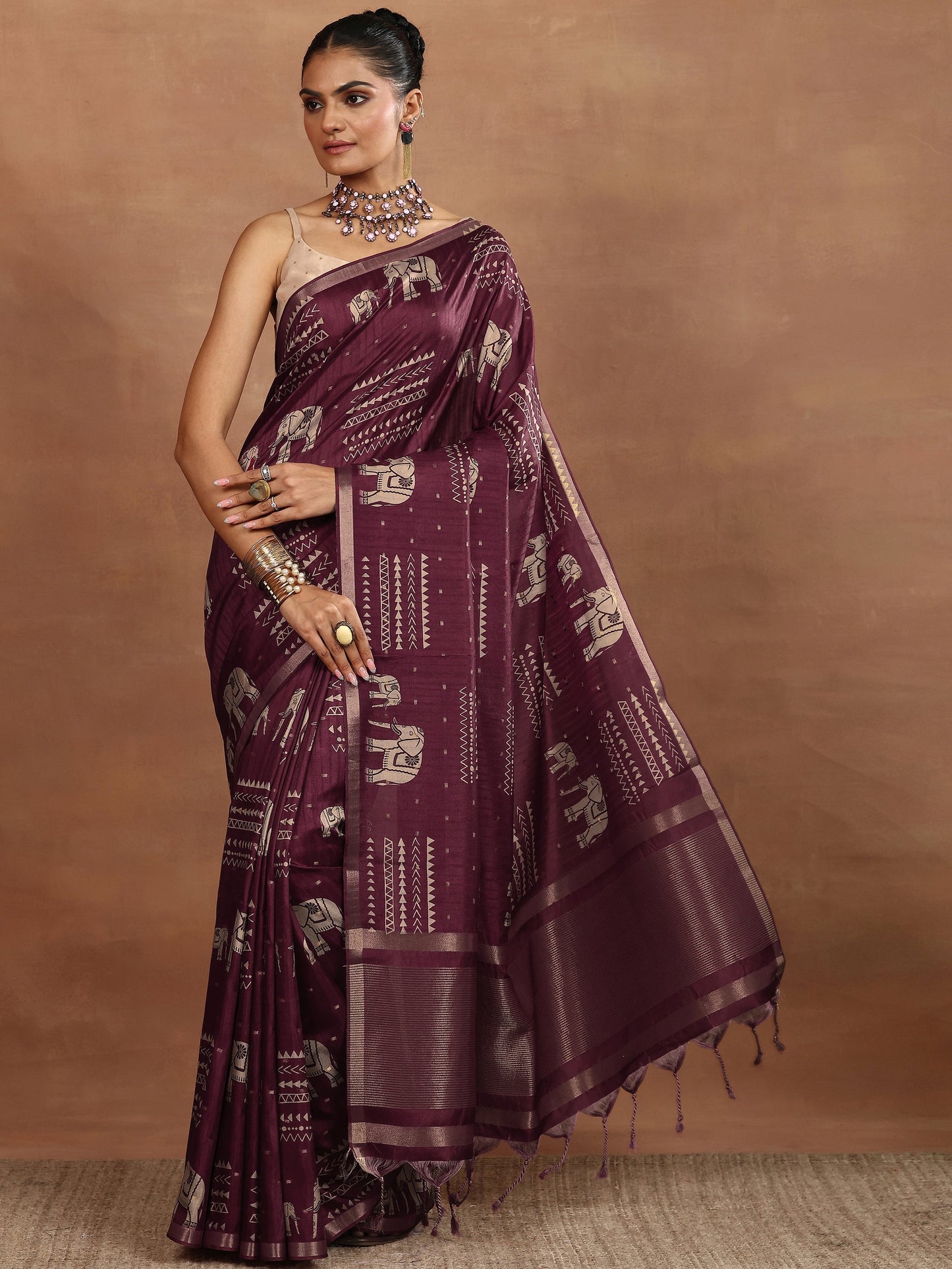 Burgundy Printed Silk Blend Sarees With Unstitched Blouse Piece