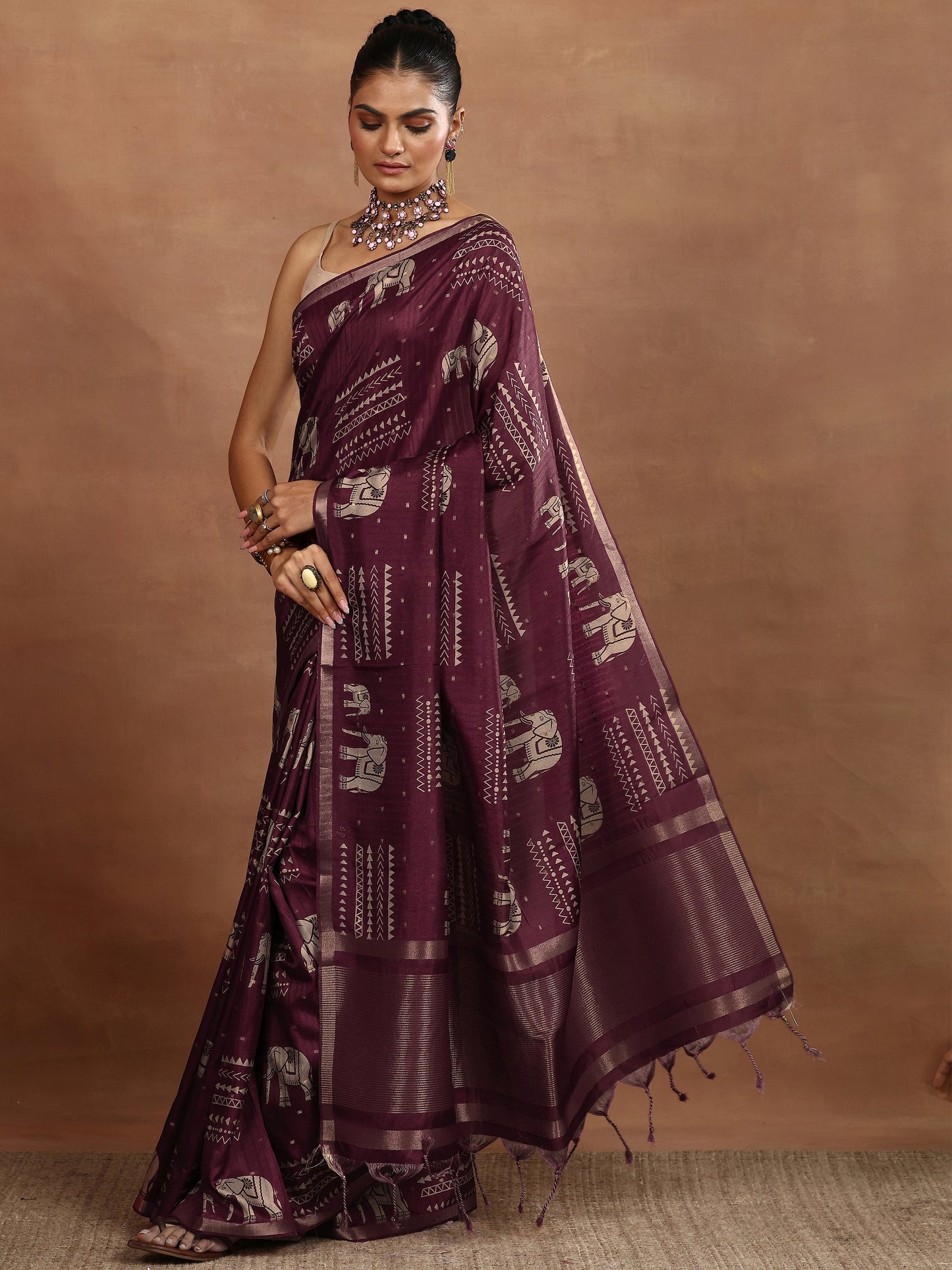 Burgundy Printed Silk Blend Sarees With Unstitched Blouse Piece