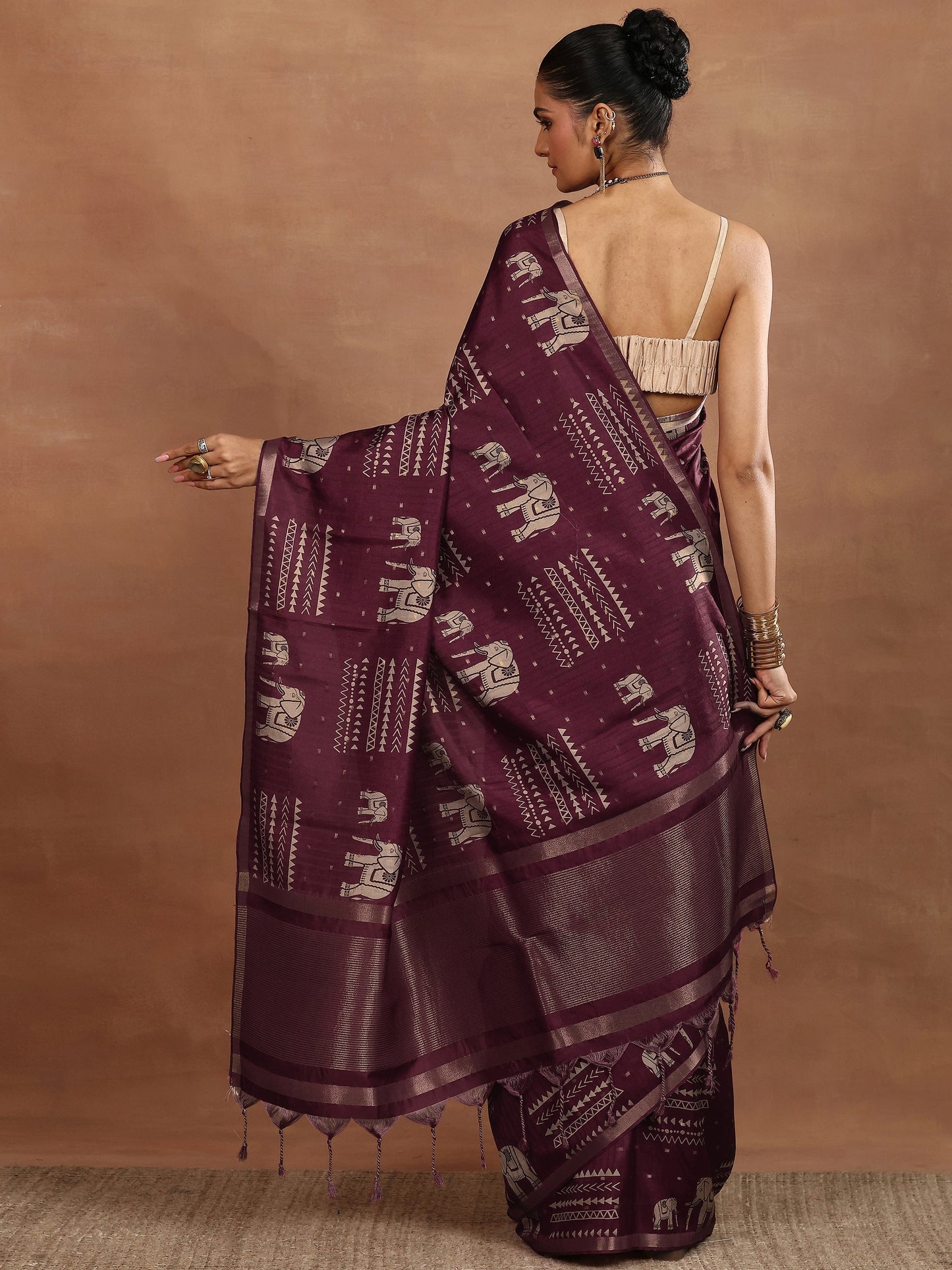Burgundy Printed Silk Blend Sarees With Unstitched Blouse Piece