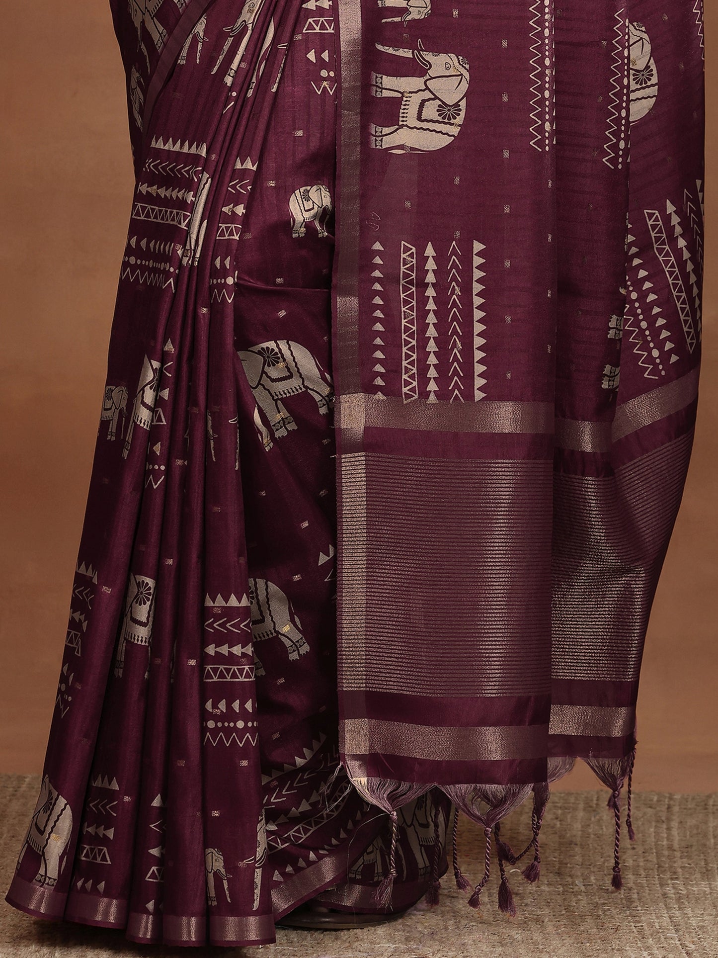 Burgundy Printed Silk Blend Sarees With Unstitched Blouse Piece