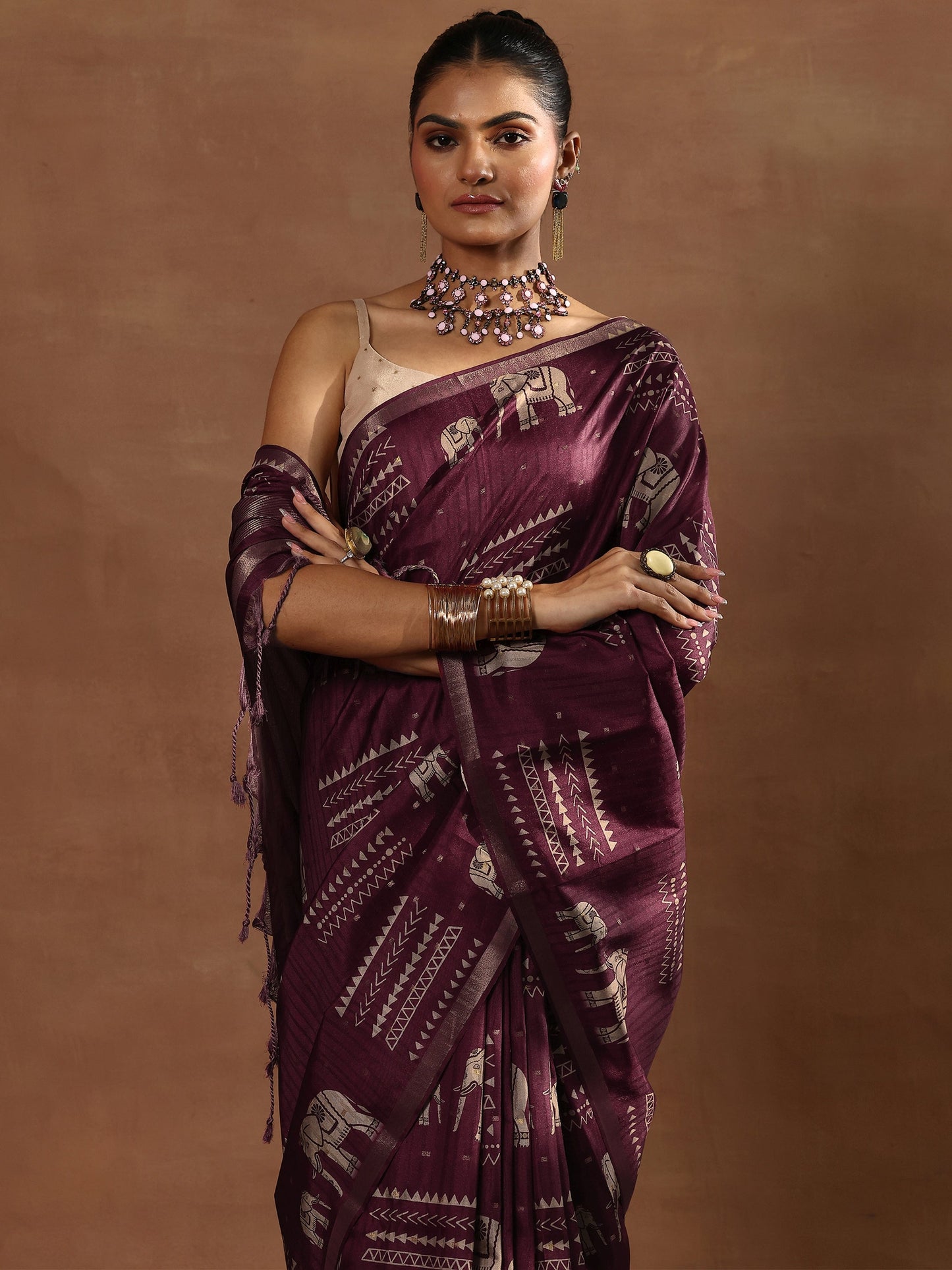 Burgundy Printed Silk Blend Sarees With Unstitched Blouse Piece