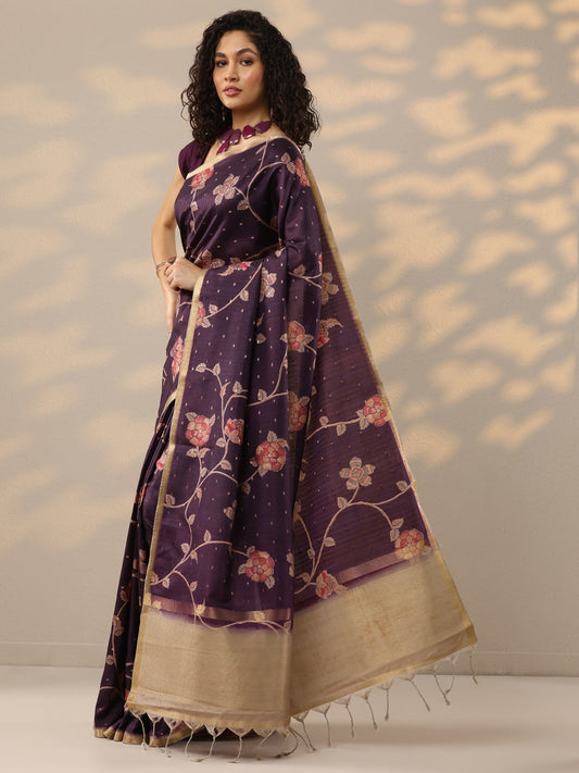 Purple Printed Silk Blend Saree With Unstitched Blouse Piece