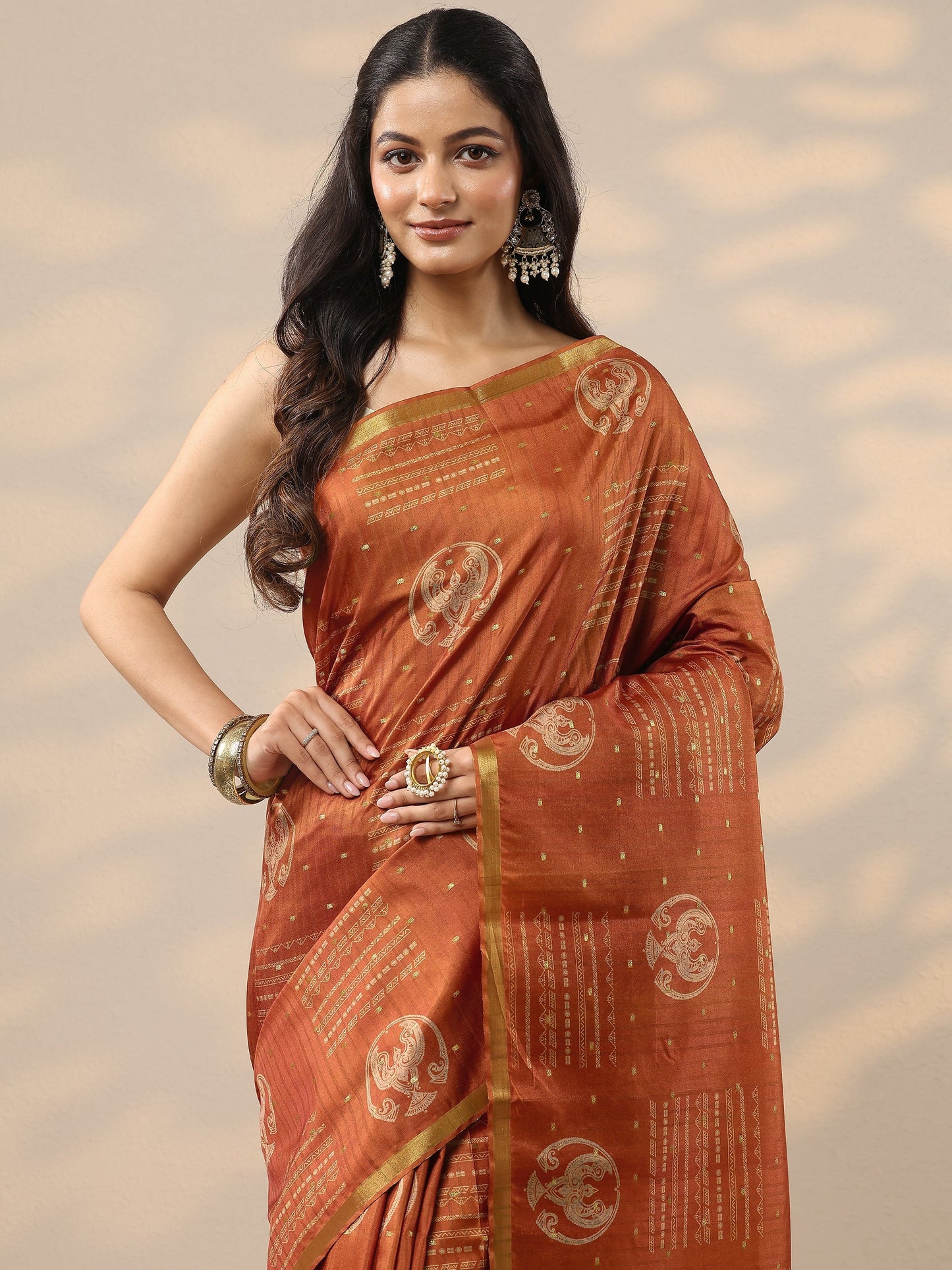 Orange Printed Silk Blend Sarees With Unstitched Blouse Piece