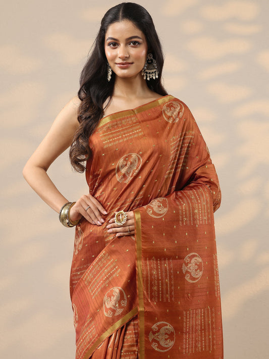 Orange Printed Silk Blend Sarees With Unstitched Blouse Piece