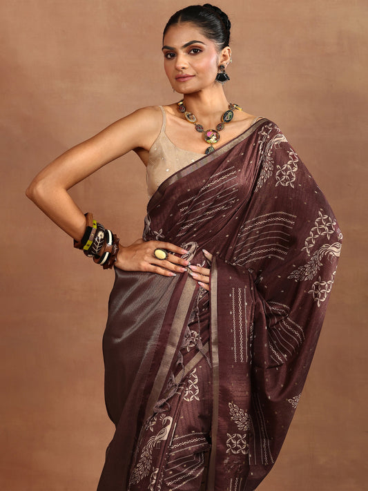 Brown Printed Silk Blend Saree With Unstitched Blouse Piece