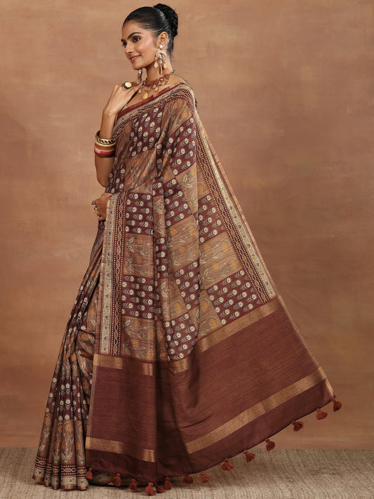 Brown Printed Silk Blend Saree With Unstitched Blouse Piece