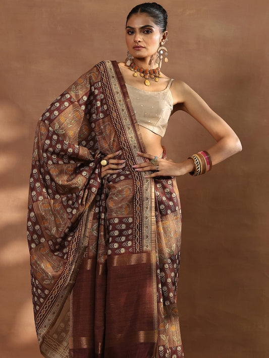 Brown Printed Silk Blend Saree With Unstitched Blouse Piece