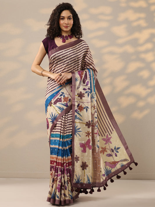 Multi Printed Silk Blend Saree With Unstitched Blouse Piece