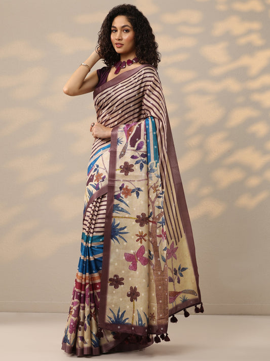 Multi Printed Silk Blend Saree With Unstitched Blouse Piece
