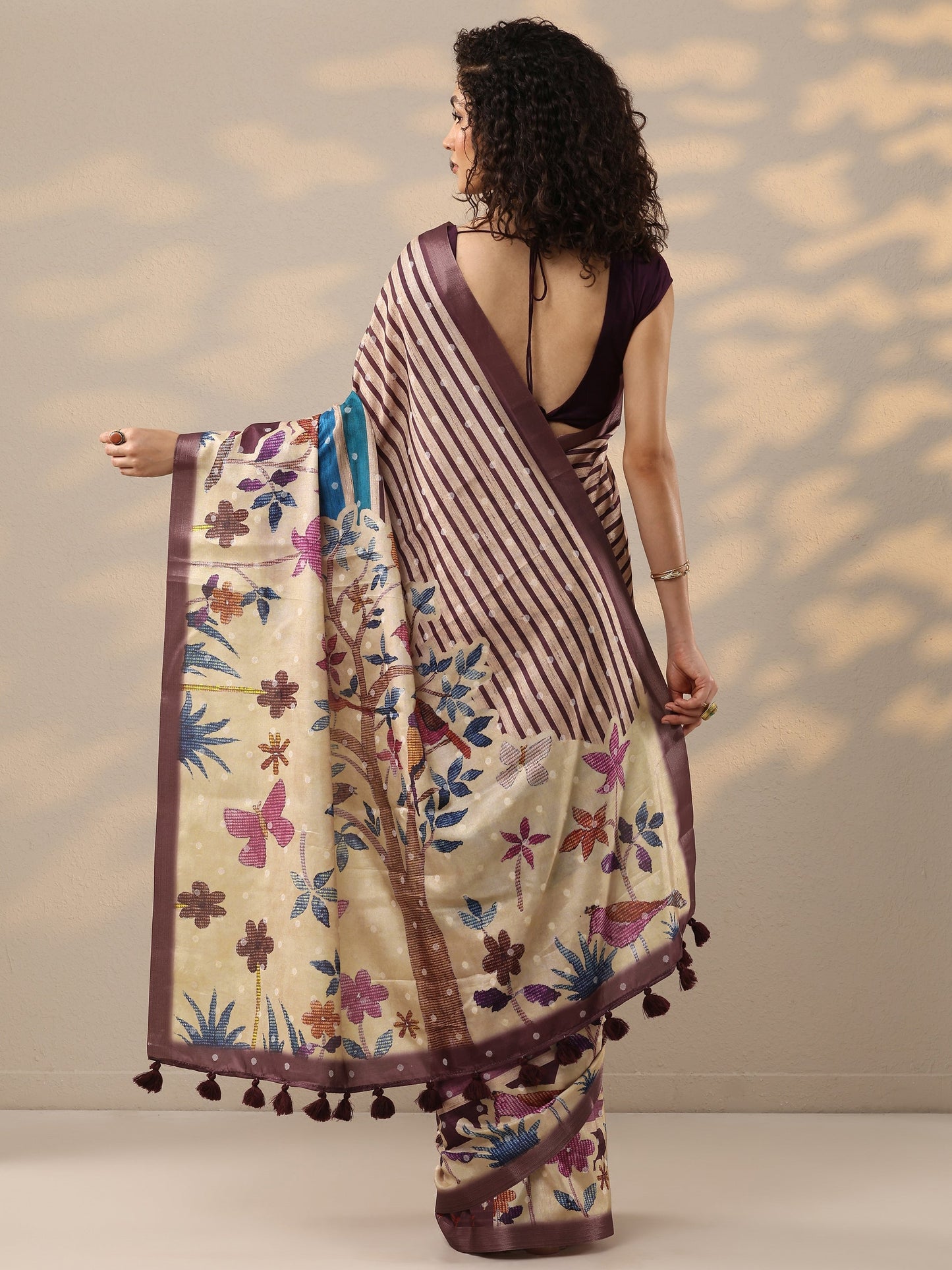 Multi Printed Silk Blend Saree With Unstitched Blouse Piece