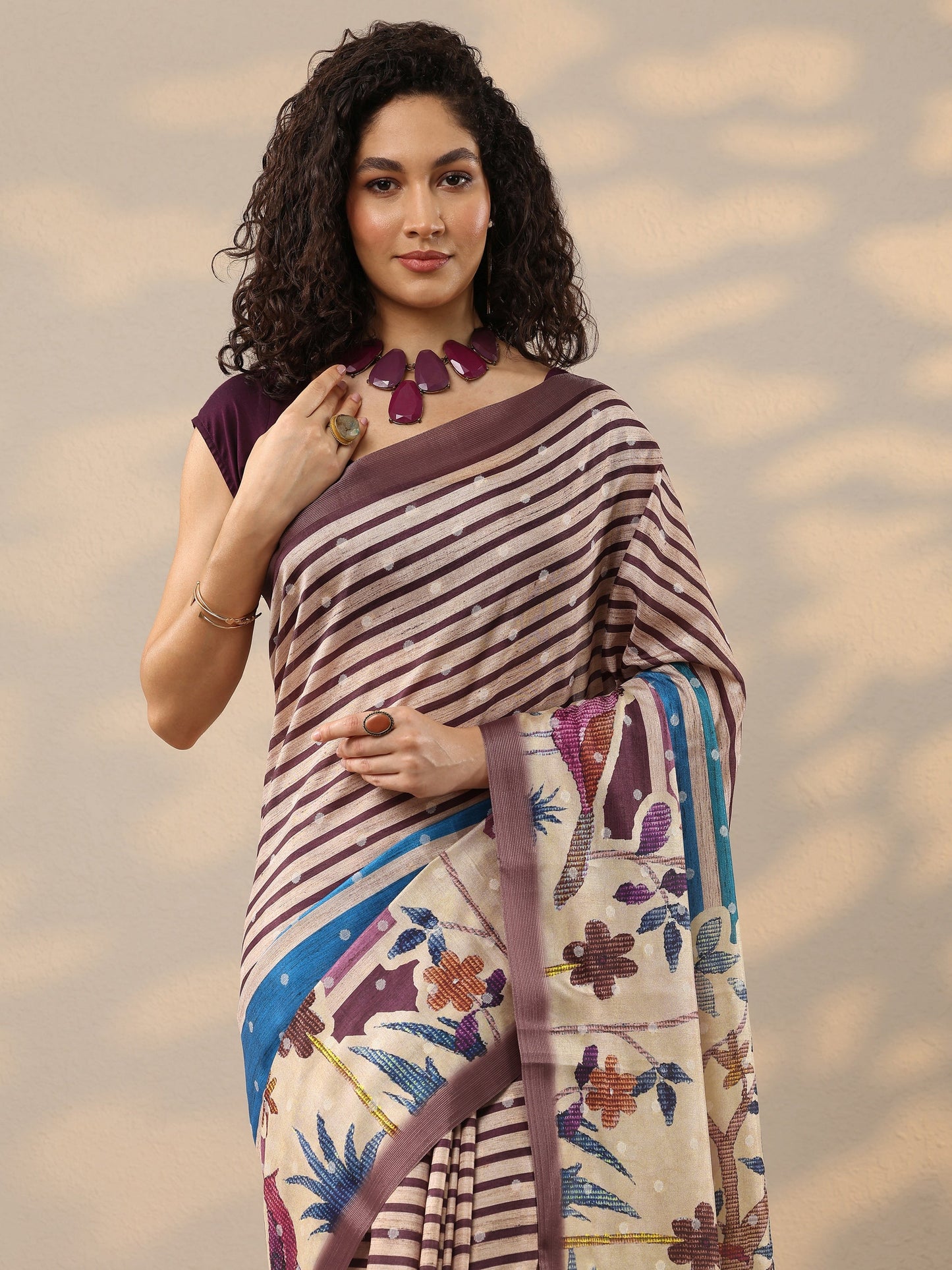 Multi Printed Silk Blend Saree With Unstitched Blouse Piece