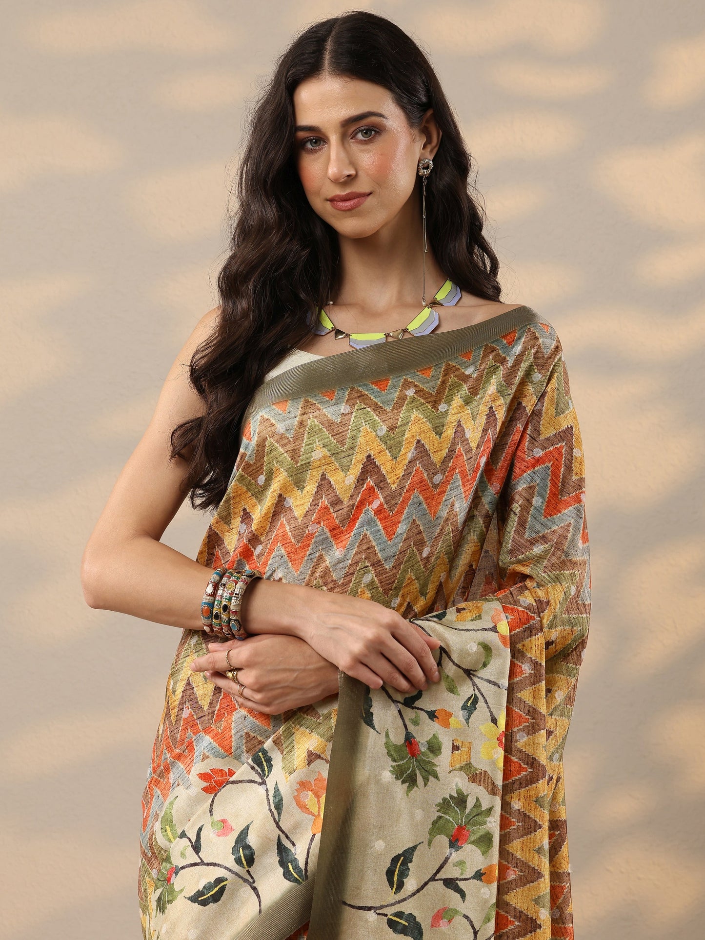 Multi Leheriya Printed Silk Blend Saree With Unstitched Blouse Piece