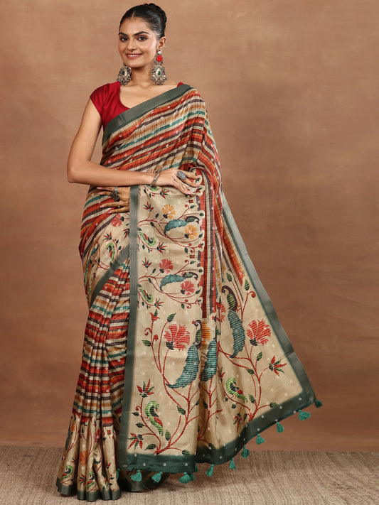 Multi Printed Silk Blend Sarees With Unstitched Blouse Piece