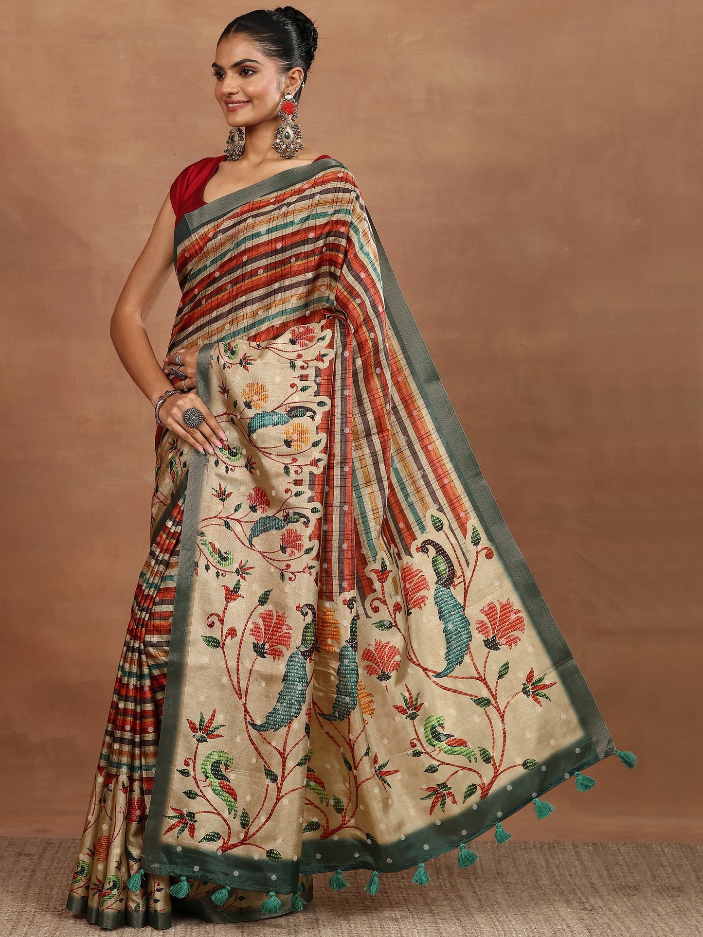 Multi Printed Silk Blend Sarees With Unstitched Blouse Piece