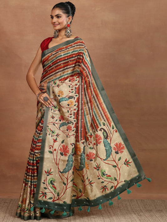 Multi Printed Silk Blend Sarees With Unstitched Blouse Piece