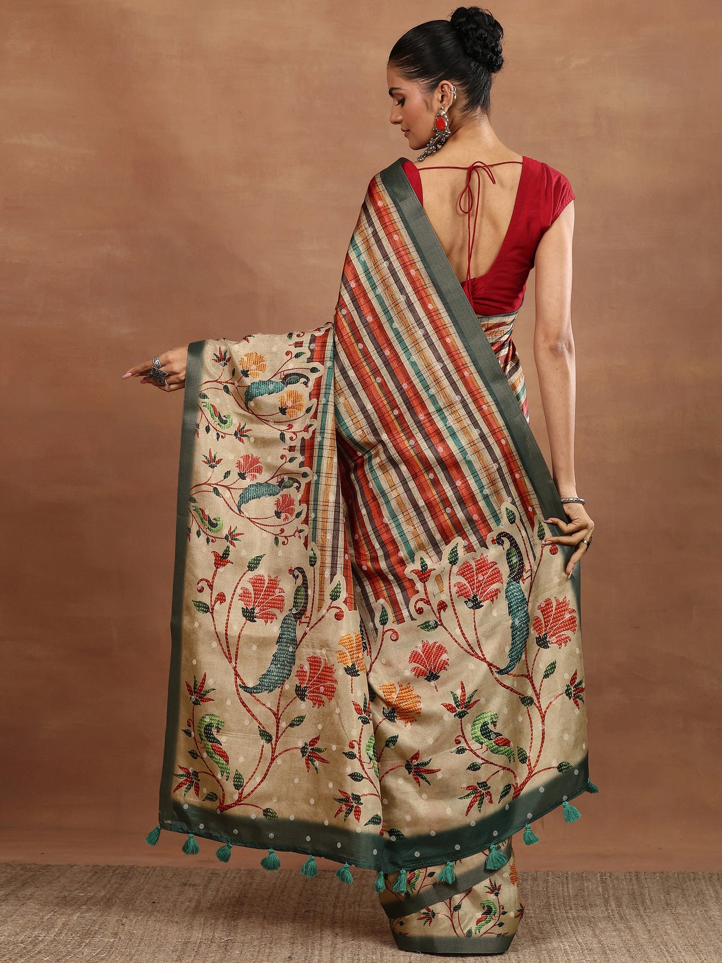 Multi Printed Silk Blend Sarees With Unstitched Blouse Piece