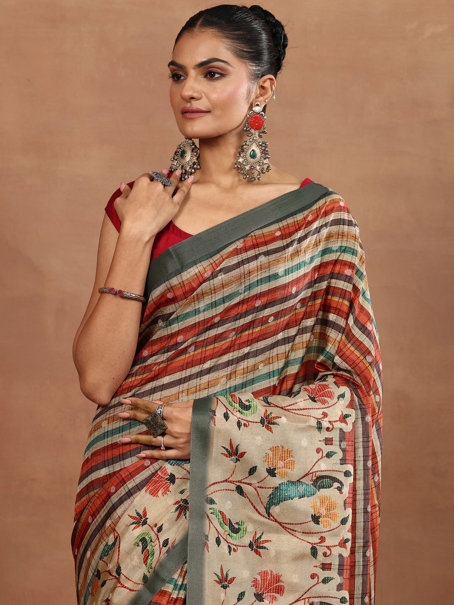 Multi Printed Silk Blend Sarees With Unstitched Blouse Piece
