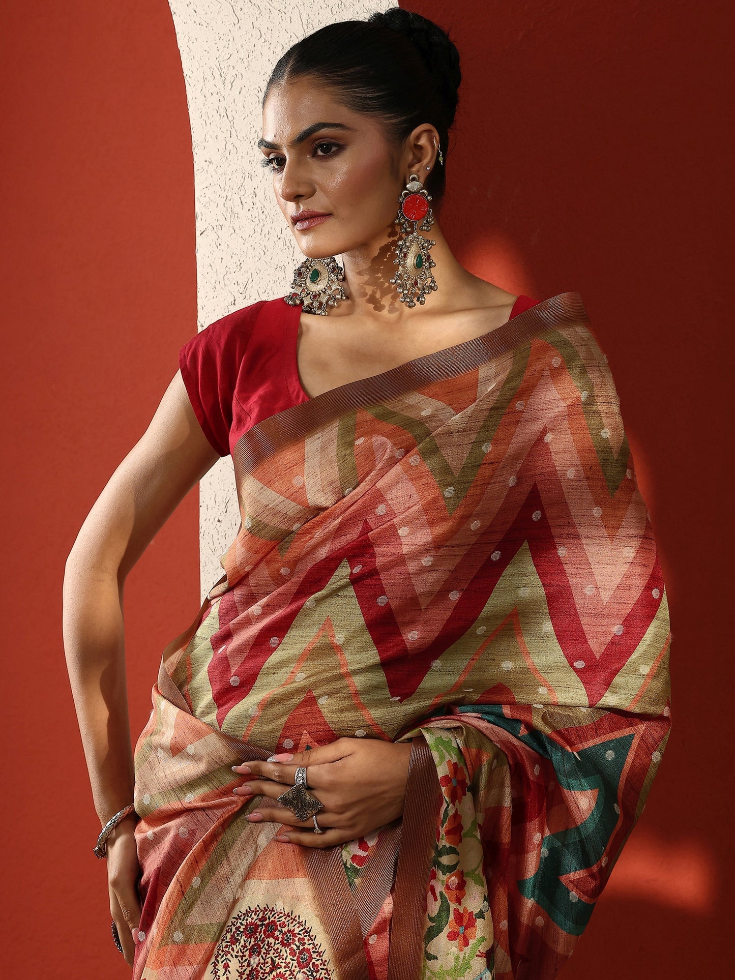 Multi Leheriya Printed Silk Blend Sarees With Unstitched Blouse Piece