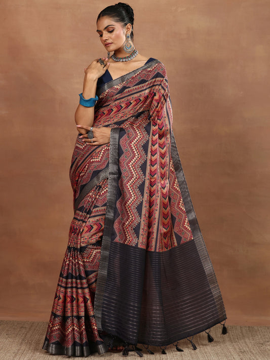 Black Printed Silk Blend Sarees With Unstitched Blouse Piece
