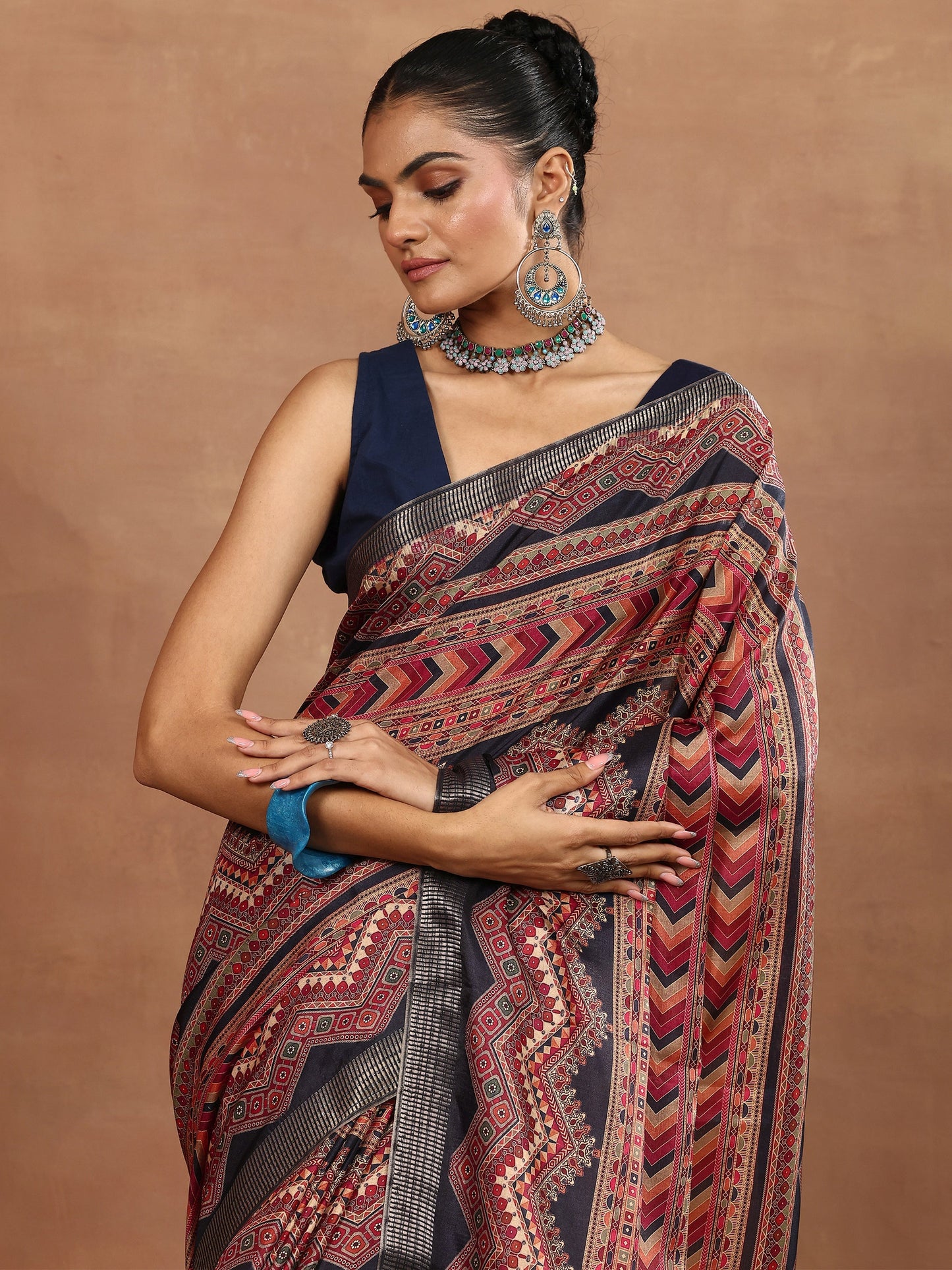 Black Printed Silk Blend Sarees With Unstitched Blouse Piece