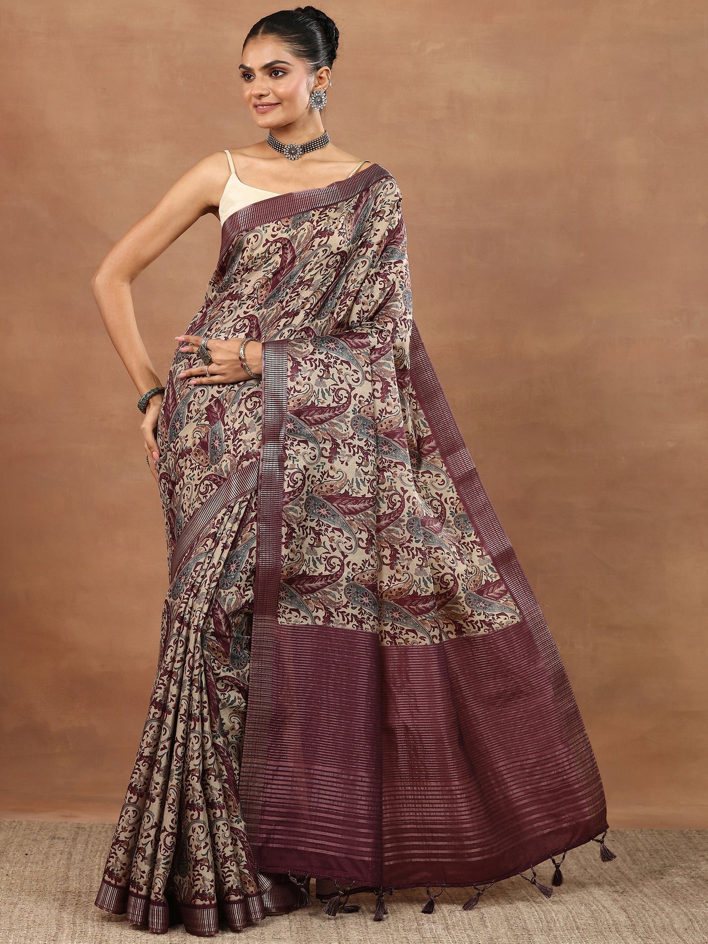 Burgundy Printed Silk Blend Sarees With Unstitched Blouse Piece