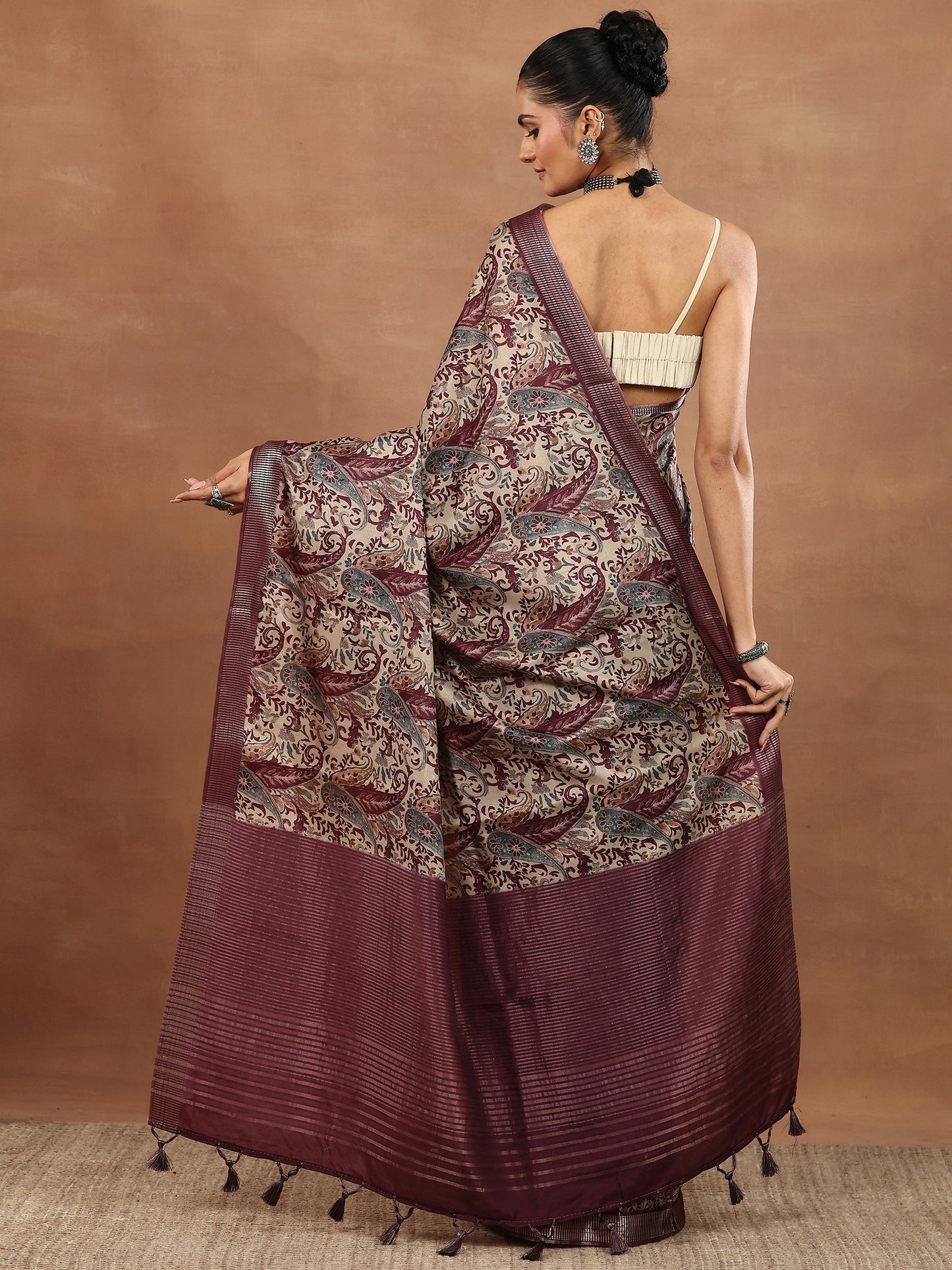 Burgundy Printed Silk Blend Sarees With Unstitched Blouse Piece