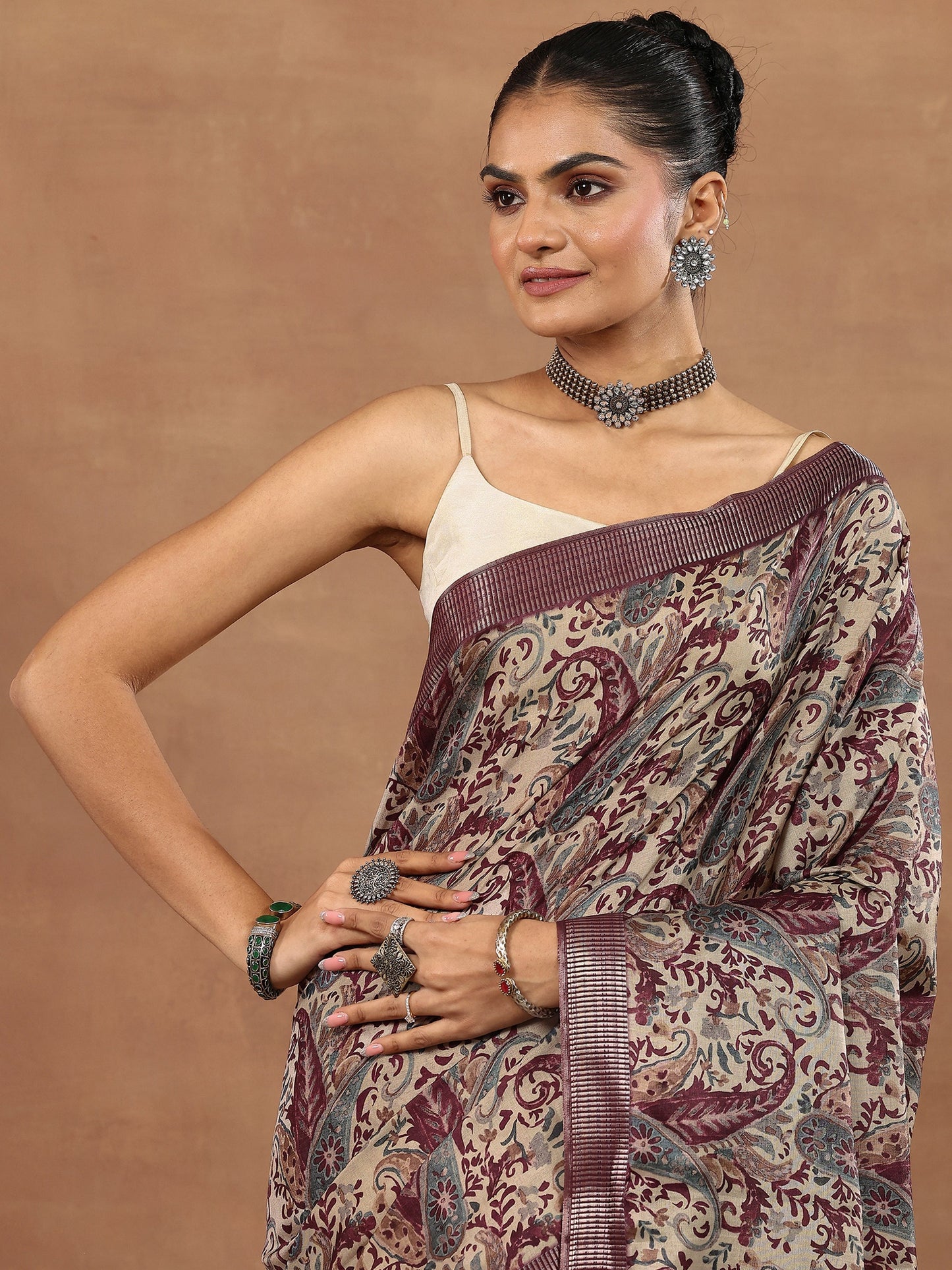 Burgundy Printed Silk Blend Sarees With Unstitched Blouse Piece