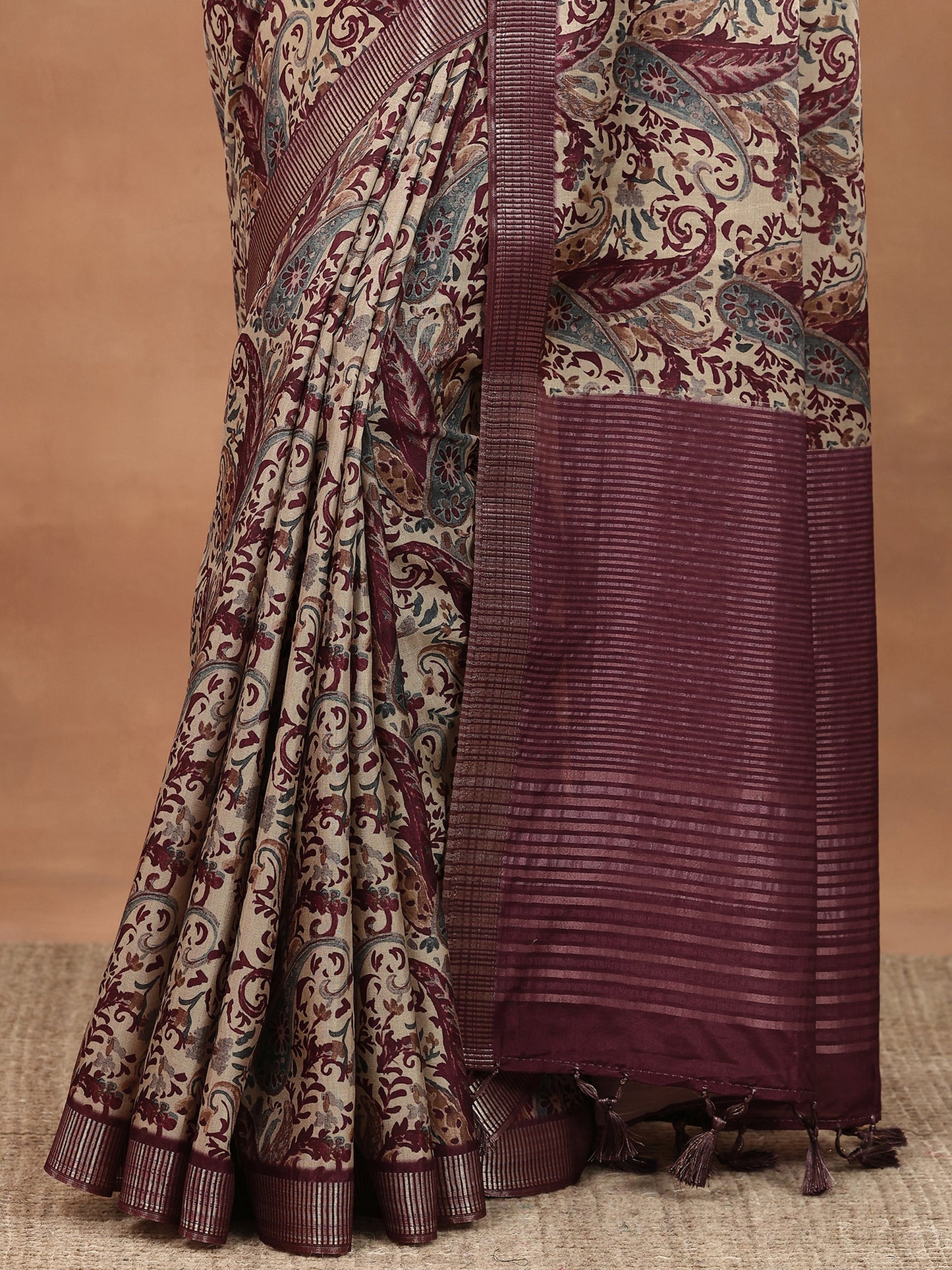 Burgundy Printed Silk Blend Sarees With Unstitched Blouse Piece