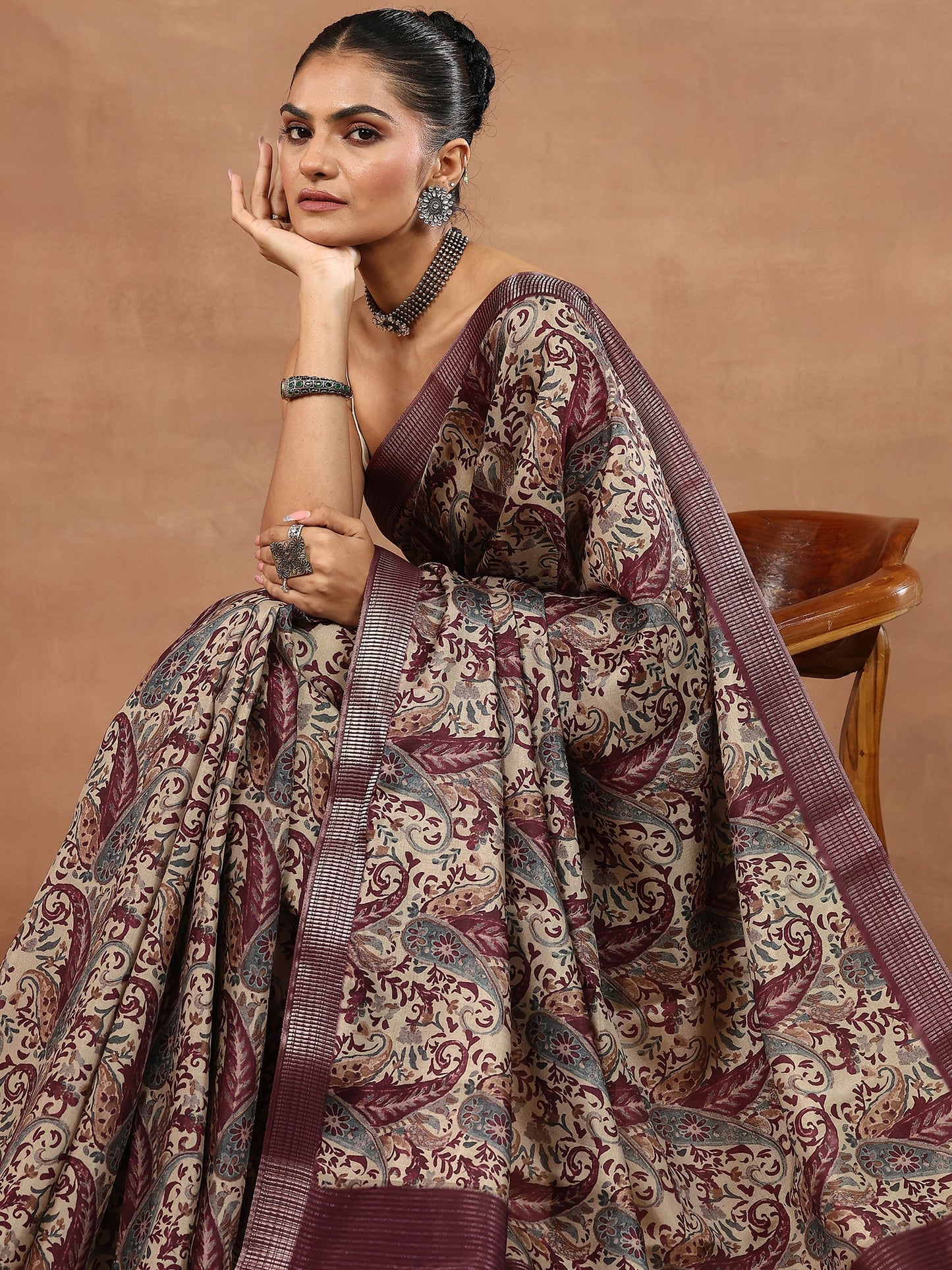 Burgundy Printed Silk Blend Sarees With Unstitched Blouse Piece