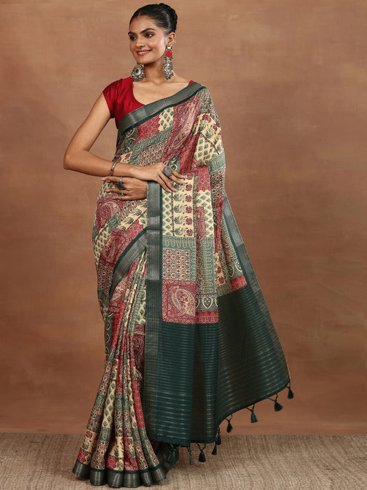 Green Printed Silk Blend Sarees With Unstitched Blouse Piece