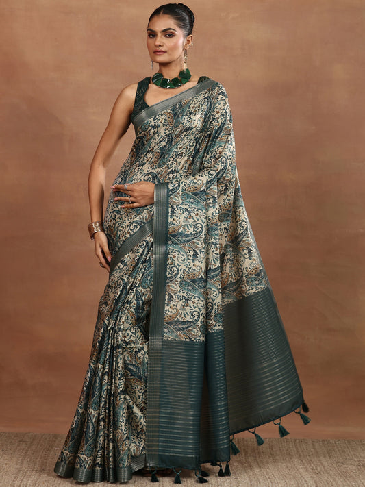 Blue Printed Silk Blend Sarees With Unstitched Blouse Piece