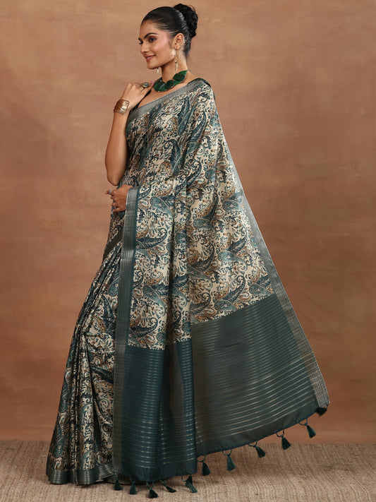 Blue Printed Silk Blend Sarees With Unstitched Blouse Piece