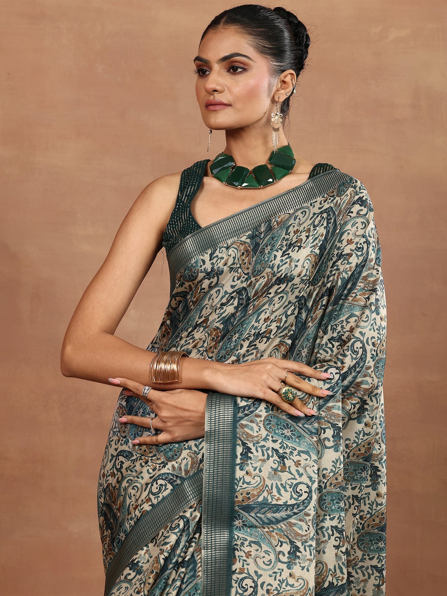 Blue Printed Silk Blend Sarees With Unstitched Blouse Piece