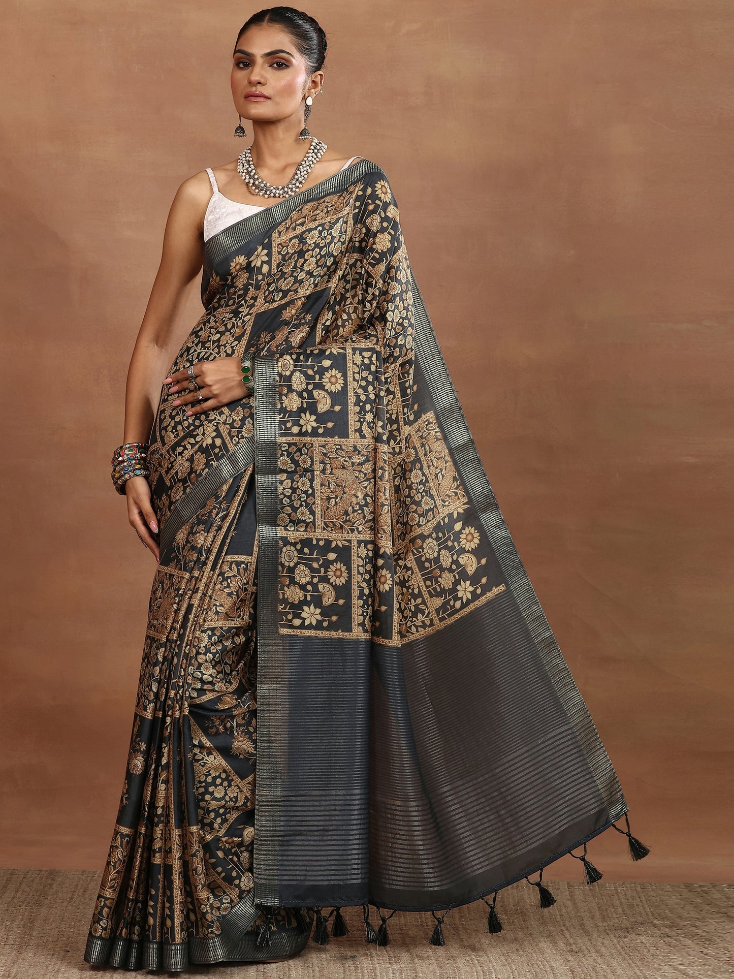 Brown Printed Silk Blend Sarees With Unstitched Blouse Piece