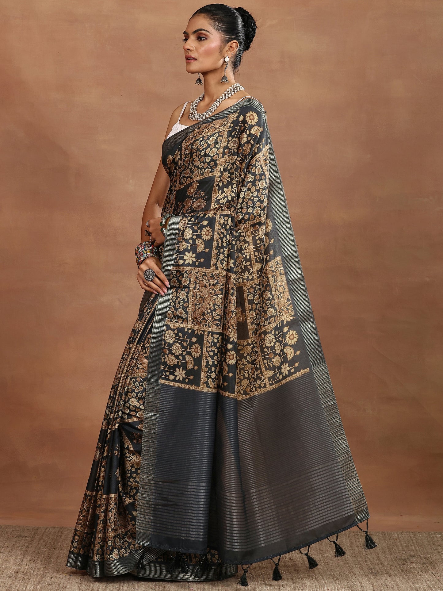 Brown Printed Silk Blend Sarees With Unstitched Blouse Piece