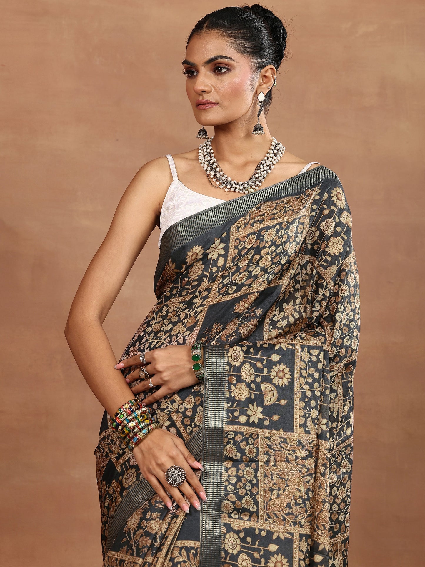 Brown Printed Silk Blend Sarees With Unstitched Blouse Piece