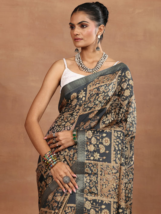 Brown Printed Silk Blend Sarees With Unstitched Blouse Piece