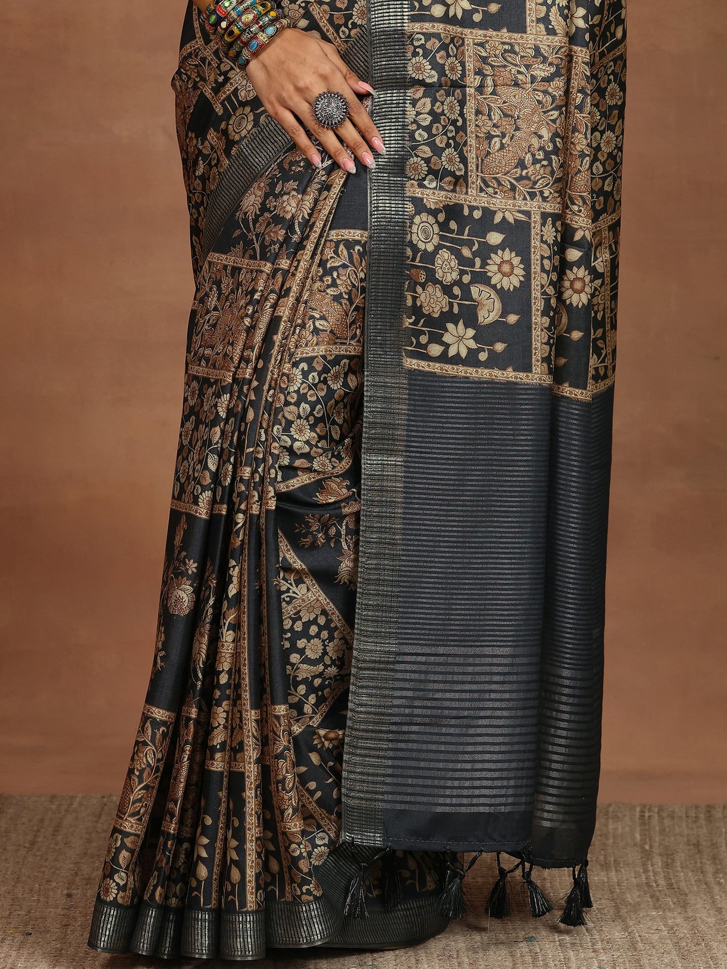 Brown Printed Silk Blend Sarees With Unstitched Blouse Piece