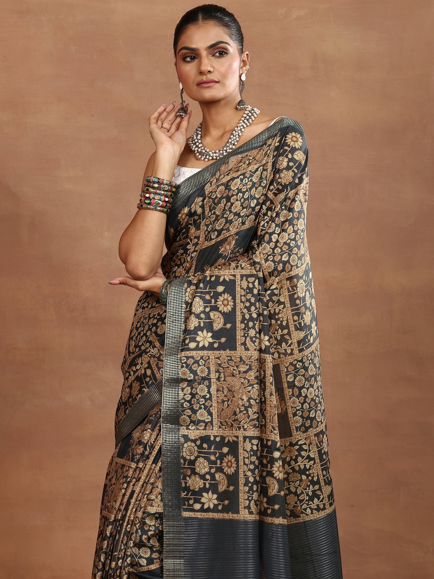 Brown Printed Silk Blend Sarees With Unstitched Blouse Piece