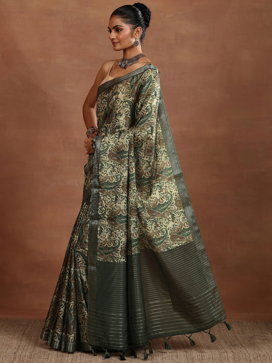 Green Printed Silk Blend Sarees With Unstitched Blouse Piece