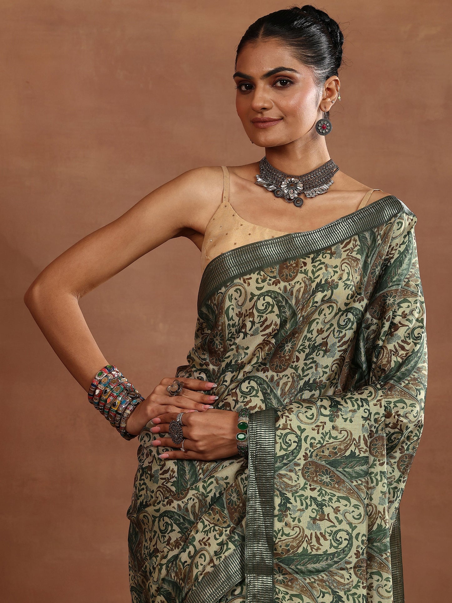 Green Printed Silk Blend Sarees With Unstitched Blouse Piece