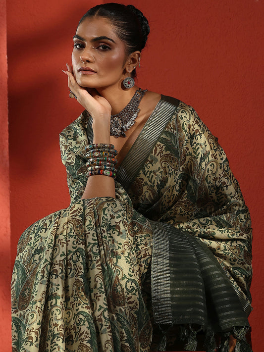 Green Printed Silk Blend Sarees With Unstitched Blouse Piece