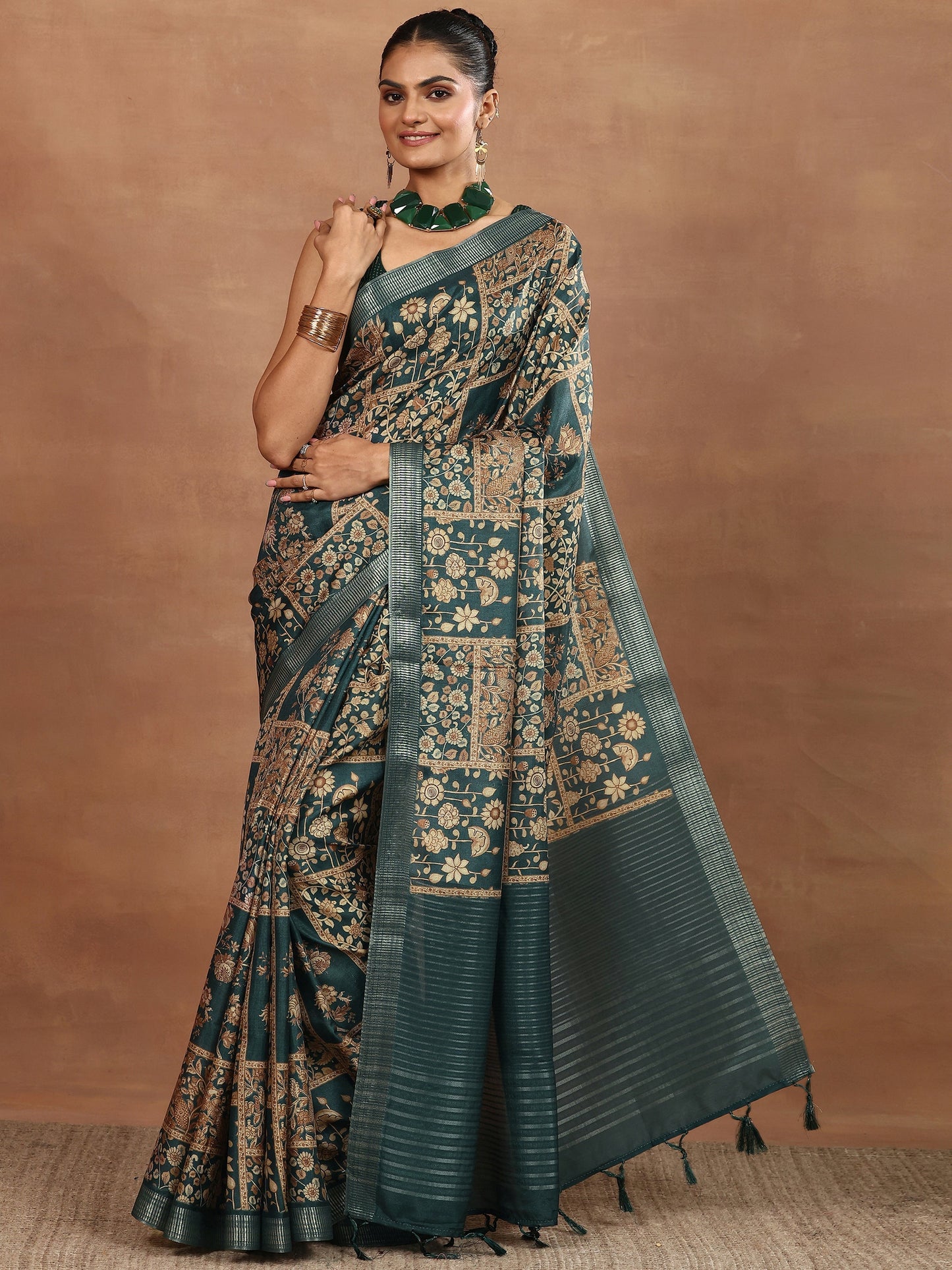 Blue Printed Silk Blend Sarees With Unstitched Blouse Piece