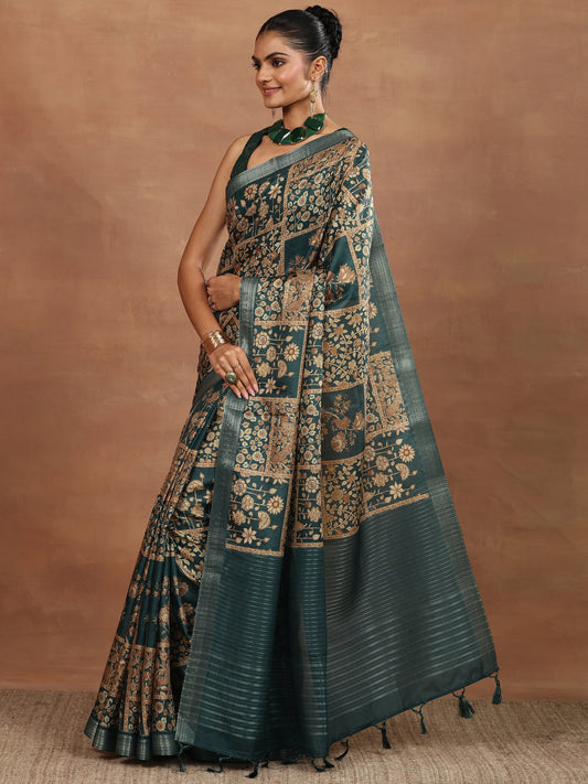 Blue Printed Silk Blend Sarees With Unstitched Blouse Piece